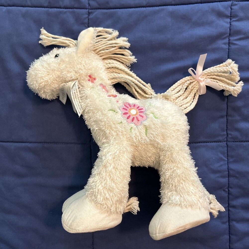 Happy Horse Plush Cream Horse Standing Stuffed Animal Braids Pink Flowers